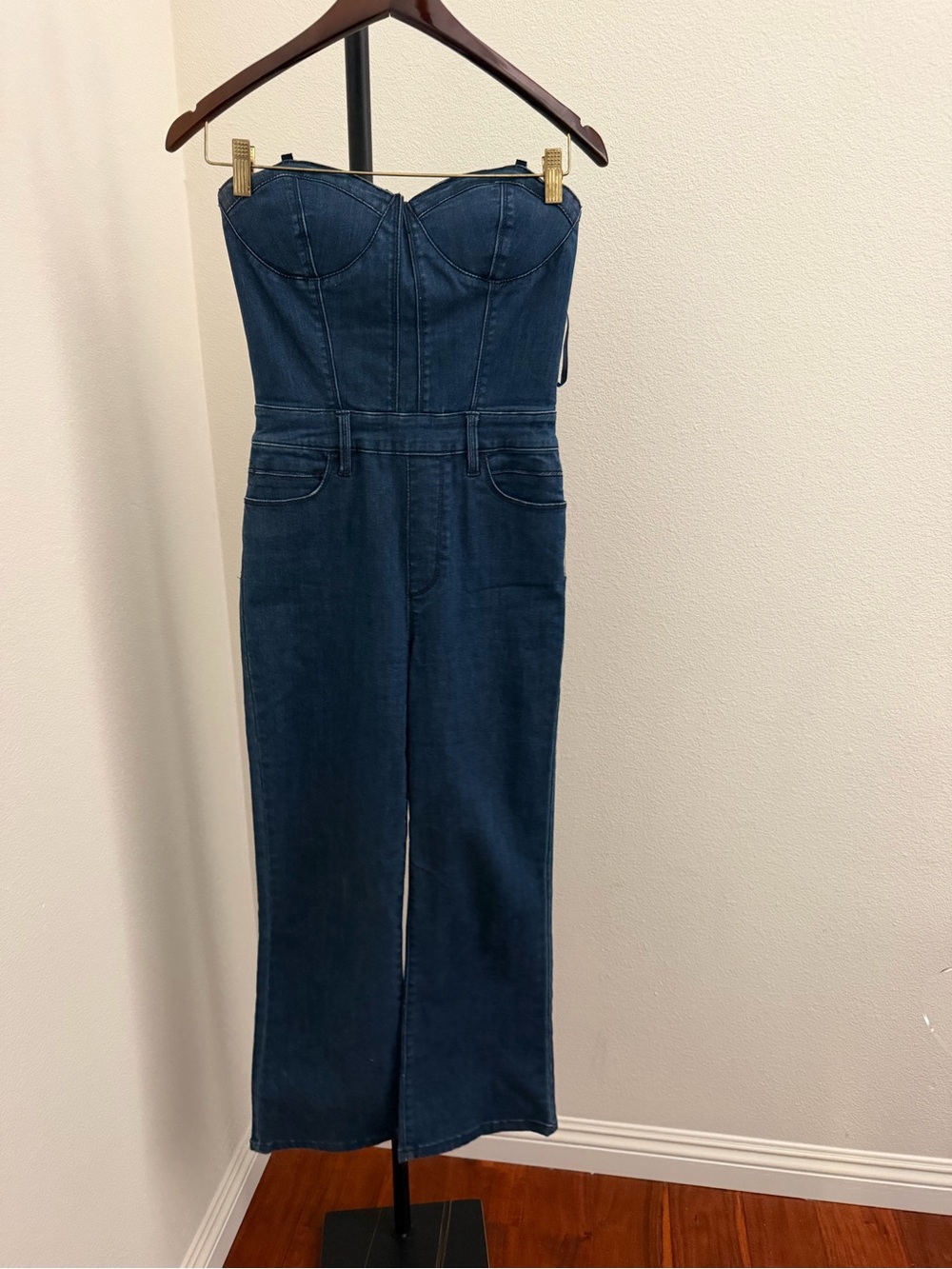 bebe Strapless Dark Indigo Denim Jumpsuit Wide Leg - Picture 2 of 4